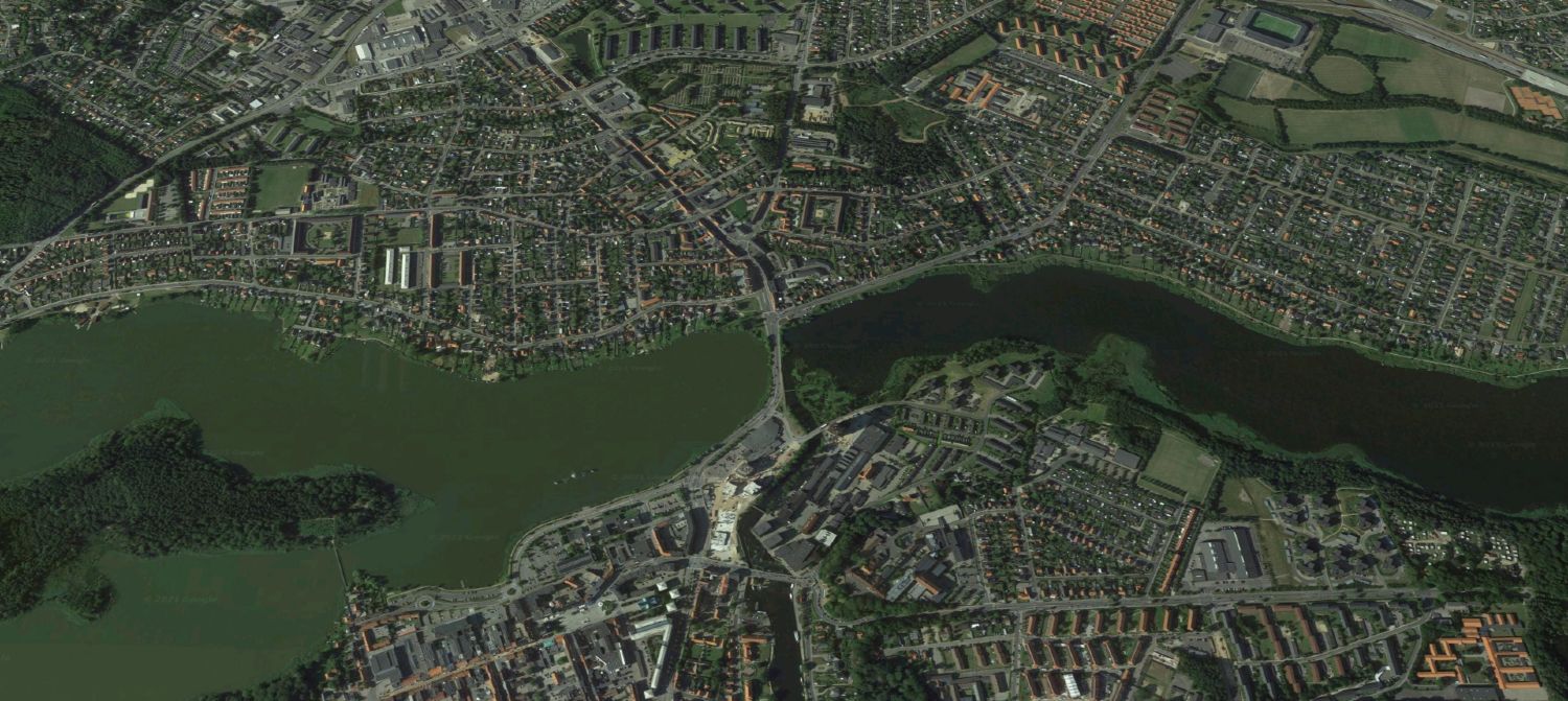 Kort over Silkeborg med Gudenåen i midten